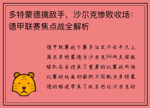 多特蒙德擒敌手，沙尔克惨败收场：德甲联赛焦点战全解析