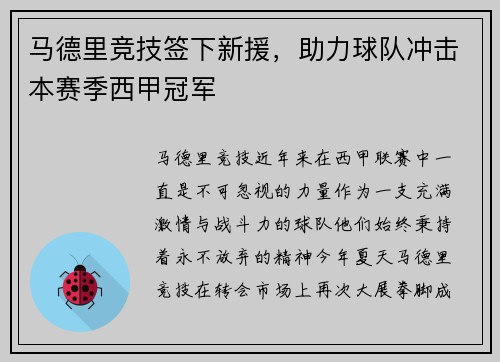 马德里竞技签下新援，助力球队冲击本赛季西甲冠军